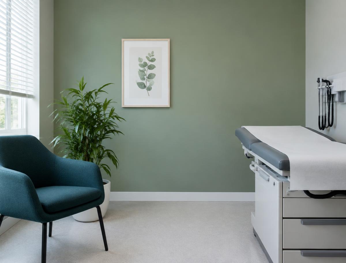 A bright, calm consultation room with a chair and examination bed