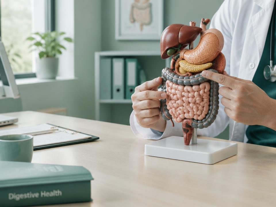 Doctor explaining a model of the digestive system